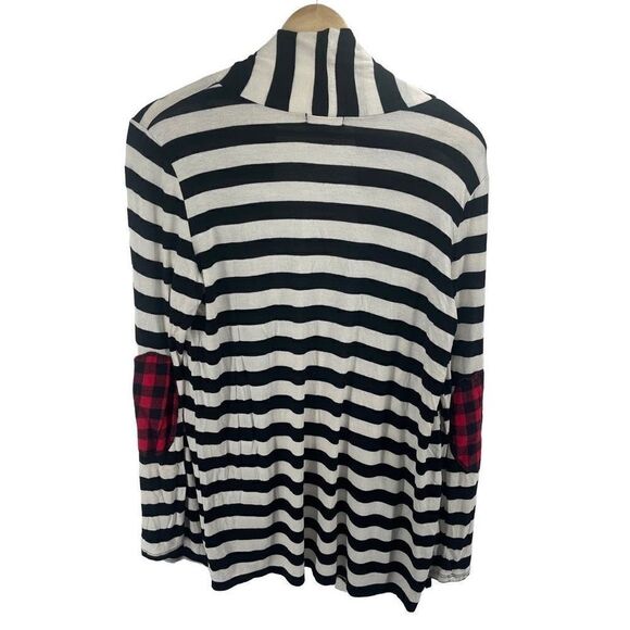 12PM by Mon Ami Women's Cardigan Sweater Striped Plaid Elbow Black White Large - Picture 6 of 7
